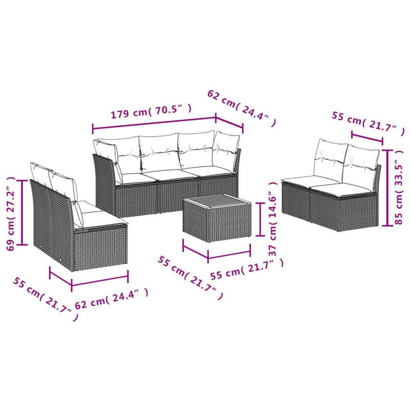 Set mobilier de grădină cu perne, 8 piese, negru, poliratan