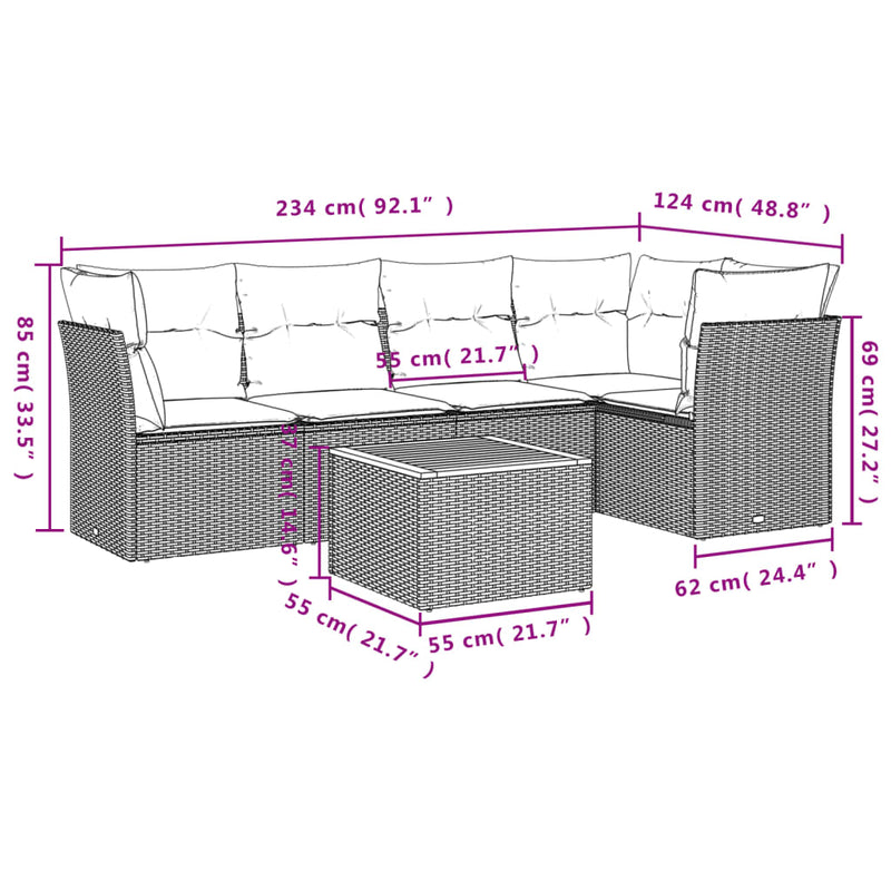 Set mobilier de grădină cu perne, 6 piese, negru, poliratan