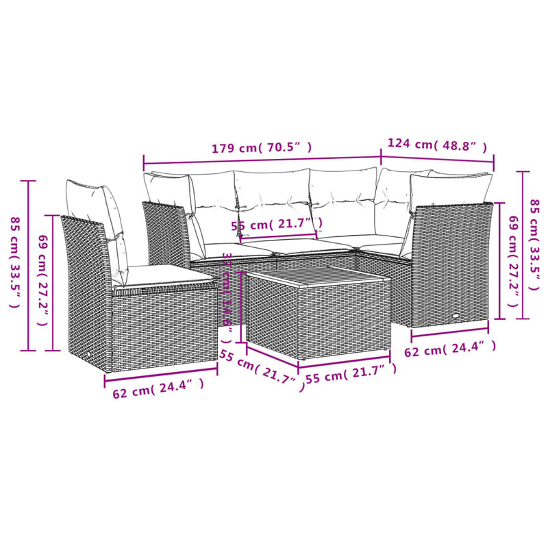 Set mobilier de grădină cu perne, 6 piese, negru, poliratan