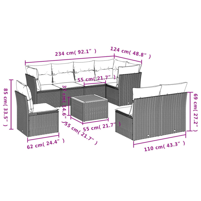 Set mobilier de grădină cu perne, 9 piese, negru, poliratan