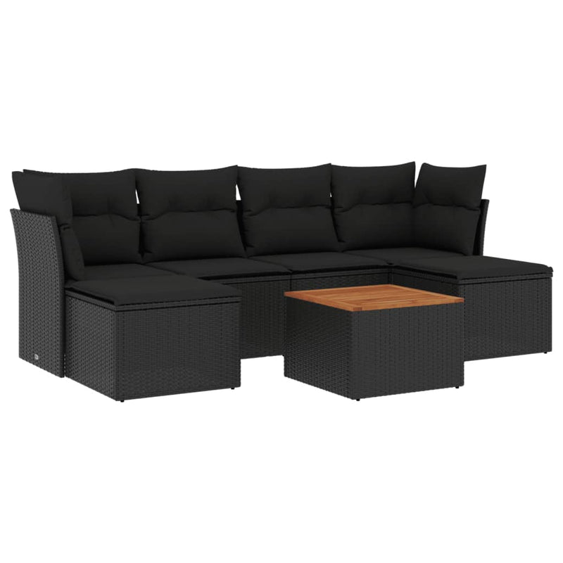 Set canapele de grădină cu perne, 7 piese, negru, poliratan