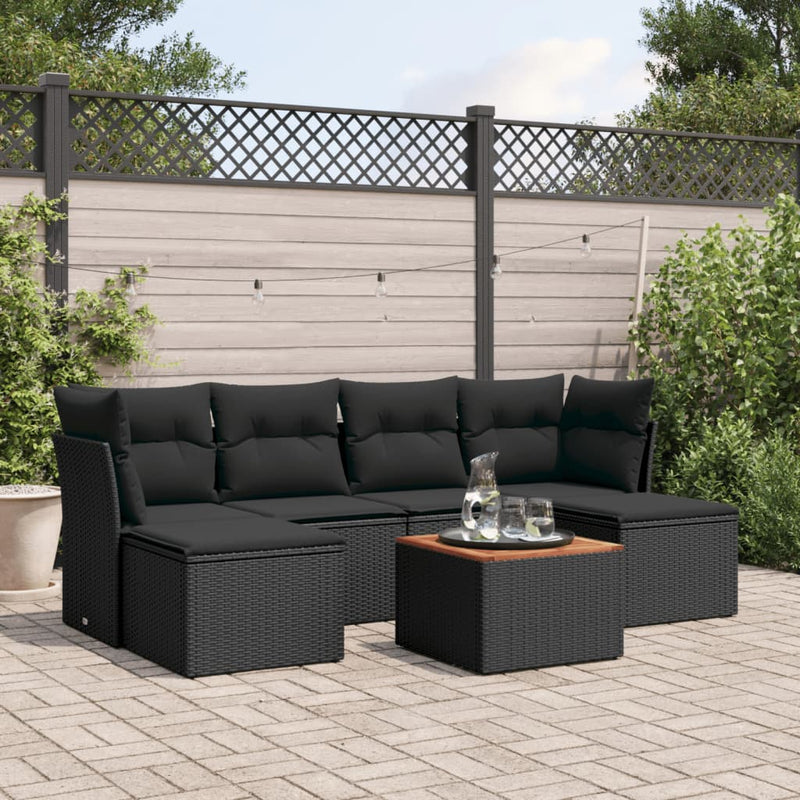 Set canapele de grădină cu perne, 7 piese, negru, poliratan