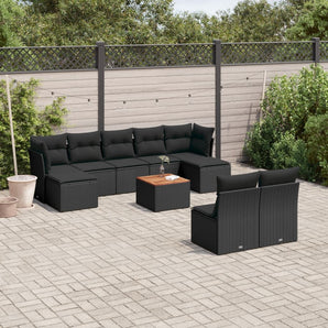 Set canapele de grădină cu perne, 10 piese, negru, poliratan