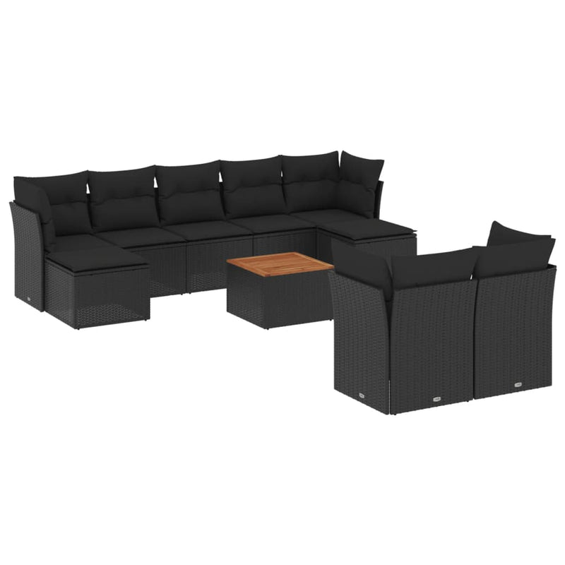 Set canapele de grădină cu perne, 10 piese, negru, poliratan