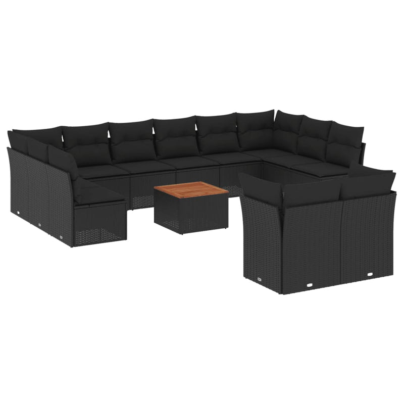 Set mobilier de grădină cu perne, 13 piese, negru, poliratan