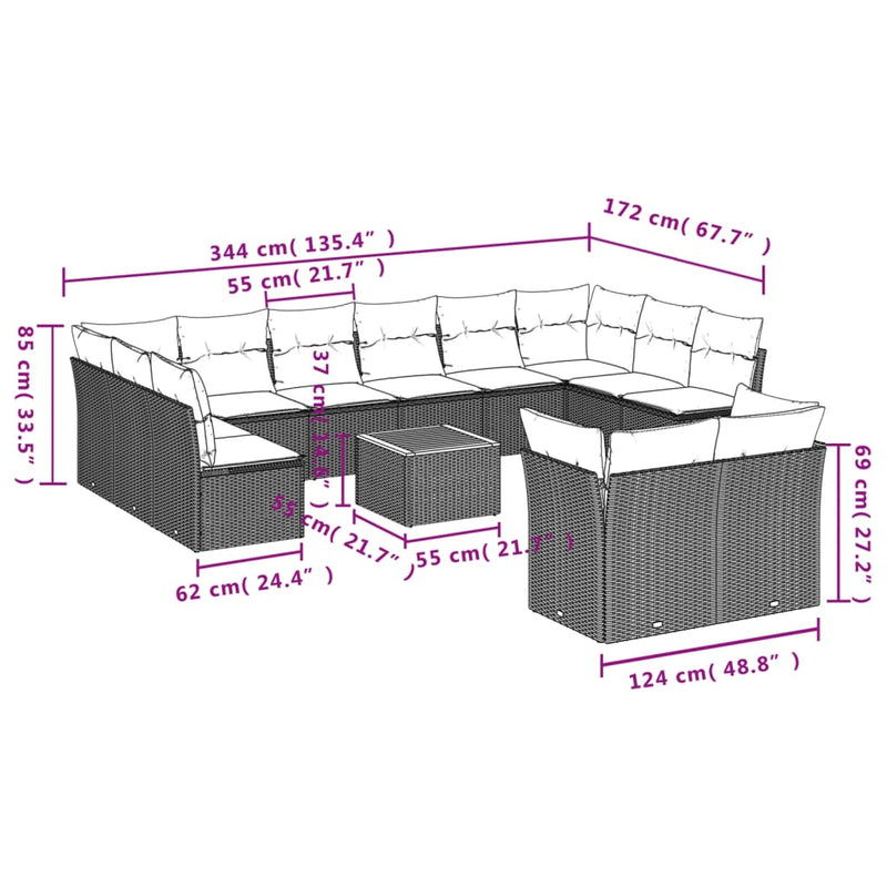 Set mobilier de grădină cu perne, 13 piese, negru, poliratan
