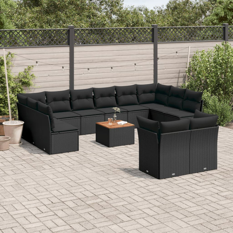 Set mobilier de grădină cu perne, 13 piese, negru, poliratan