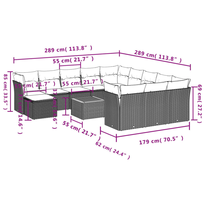 Set mobilier de grădină cu perne, 13 piese, negru, poliratan