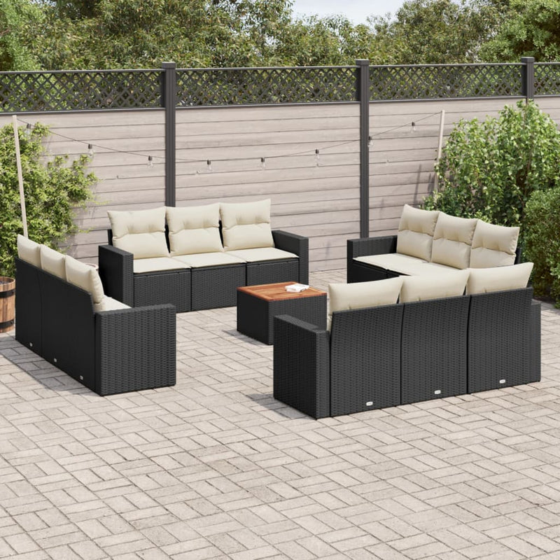 Set mobilier de grădină cu perne, 13 piese, negru, poliratan