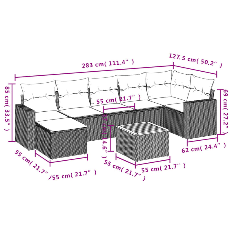 Set mobilier de grădină cu perne, 8 piese, negru, poliratan