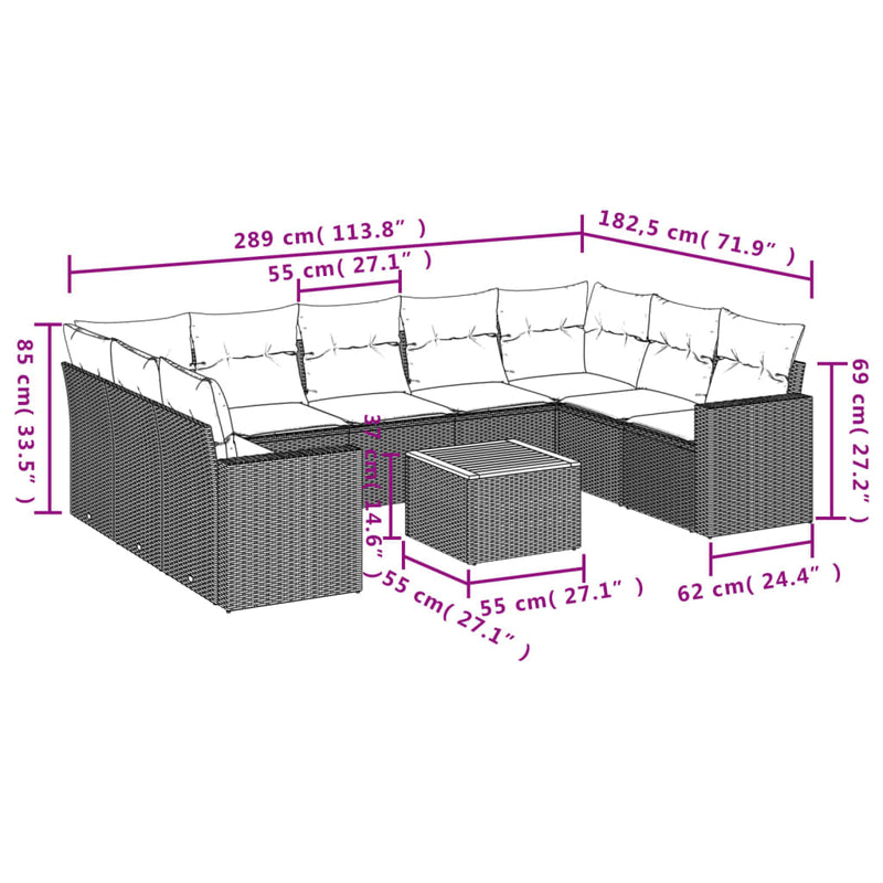 Set mobilier de grădină cu perne, 10 piese, gri, poliratan