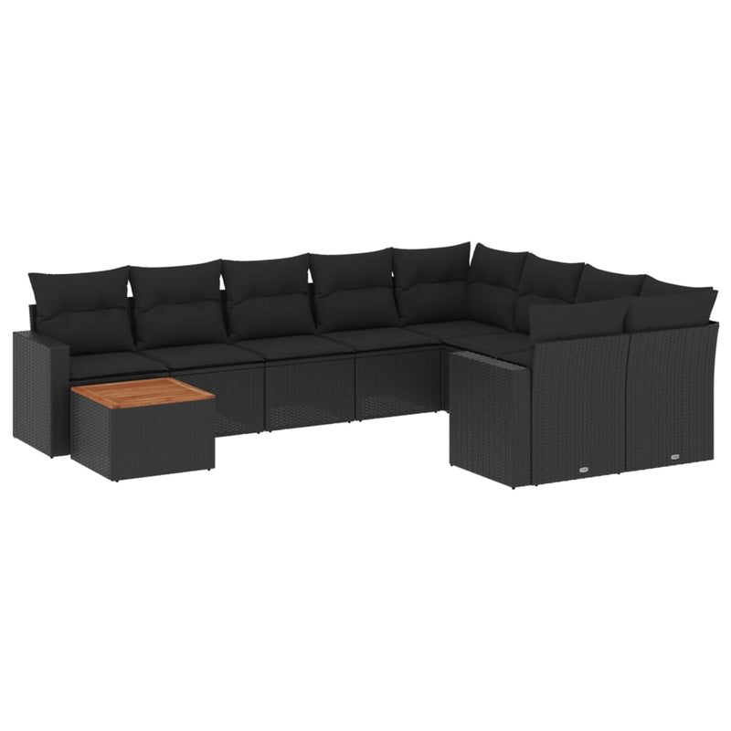 Set canapele de grădină cu perne, 10 piese, negru, poliratan