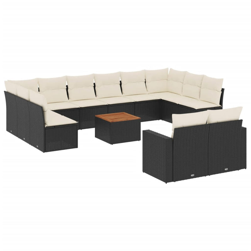 Set mobilier de grădină cu perne, 13 piese, negru, poliratan