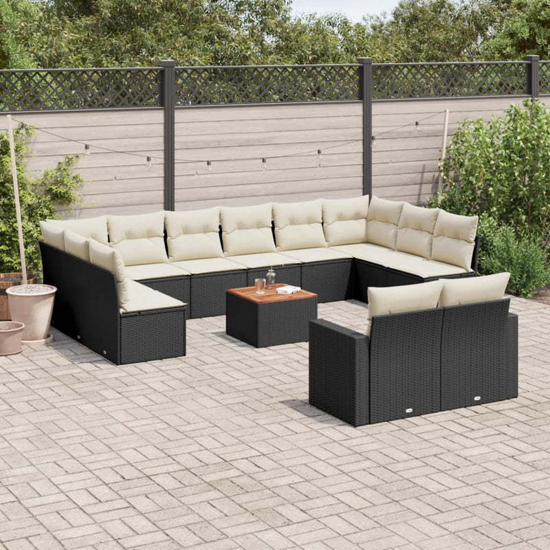 Set mobilier de grădină cu perne, 13 piese, negru, poliratan