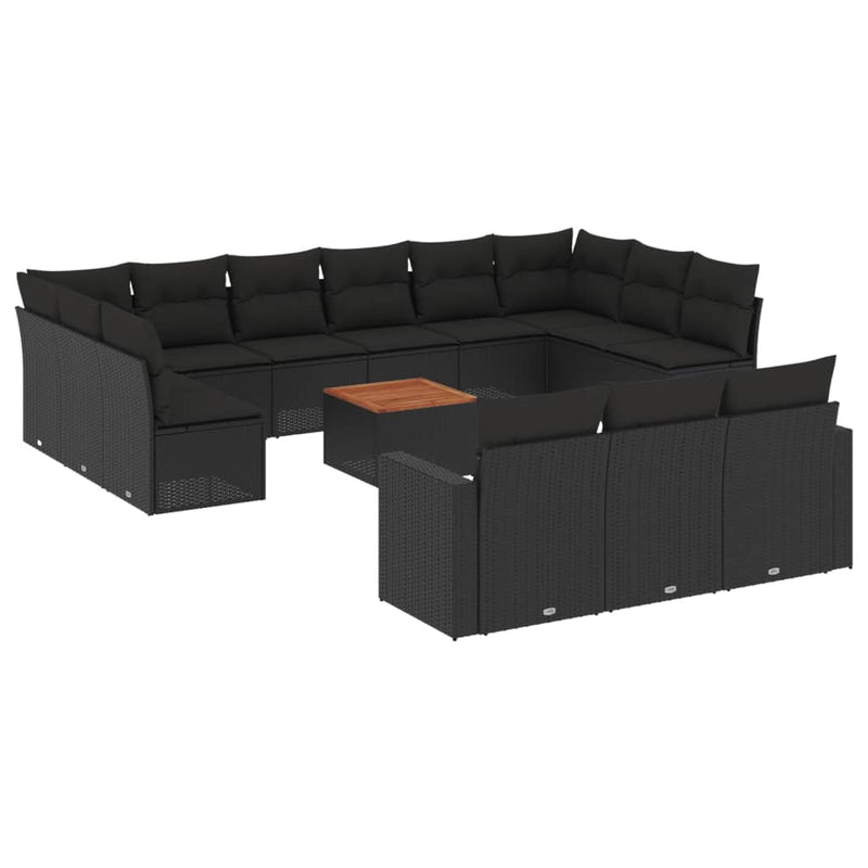 Set mobilier de grădină cu perne, 14 piese, negru, poliratan