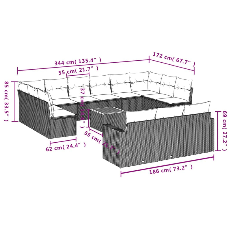Set mobilier de grădină cu perne, 14 piese, gri, poliratan