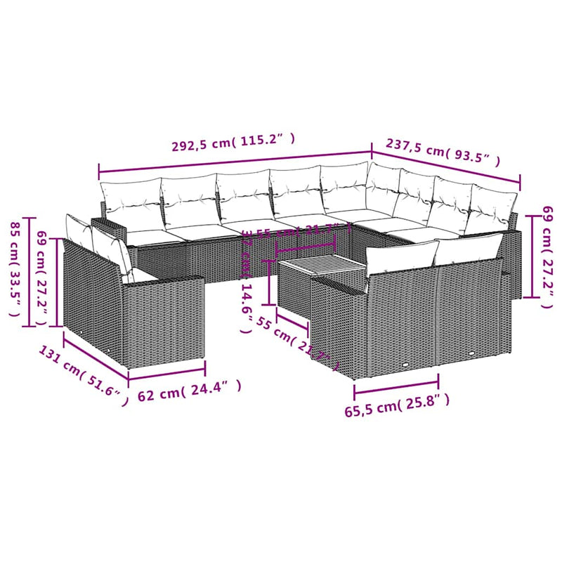 Set mobilier de grădină cu perne, 13 piese, negru, poliratan