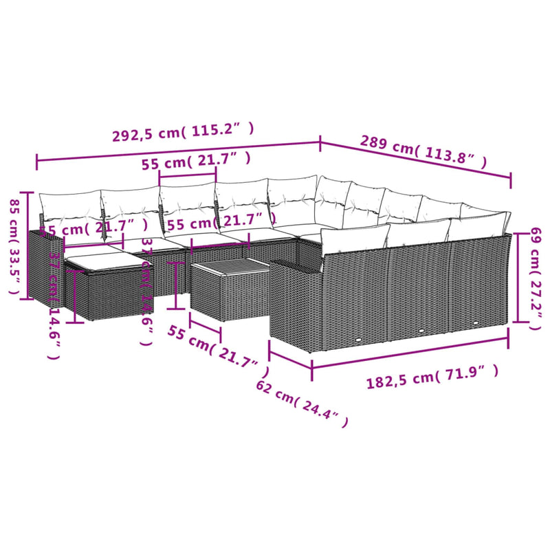 Set mobilier de grădină cu perne, 13 piese, negru, poliratan