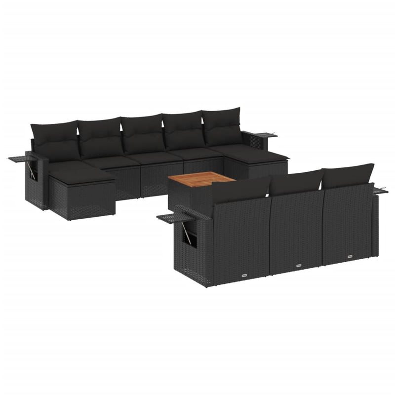 Set canapele de grădină cu perne, 11 piese, negru, poliratan