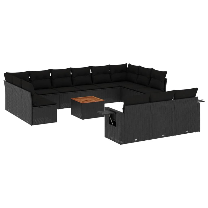 Set mobilier de grădină cu perne, 14 piese, negru, poliratan