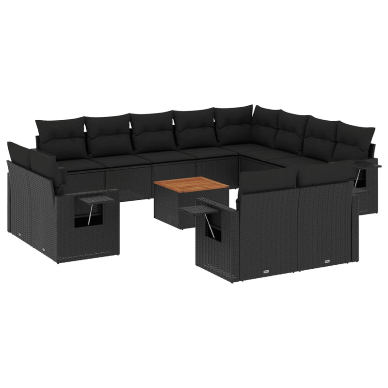 Set mobilier de grădină cu perne, 13 piese, negru, poliratan