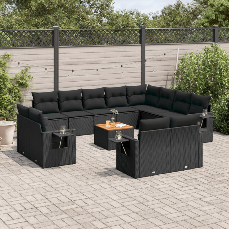 Set mobilier de grădină cu perne, 13 piese, negru, poliratan