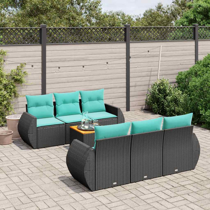 Set canapele de grădină cu 7 piese și perne, poliratan negru