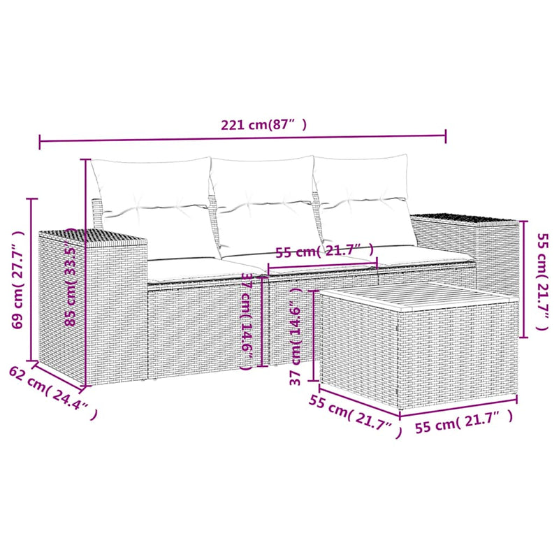 Set mobilier de grădină cu perne, 4 piese, negru, poliratan