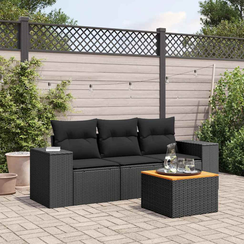 Set mobilier de grădină cu perne, 4 piese, negru, poliratan
