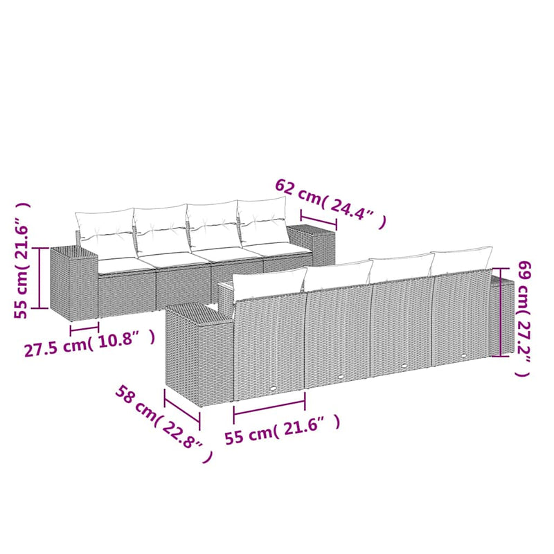 Set mobilier de grădină cu perne, 9 piese, negru, poliratan