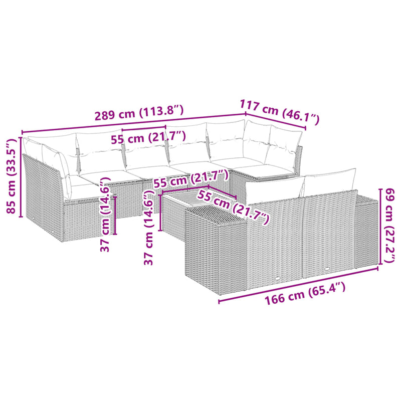 Set mobilier de grădină cu perne, 10 piese, gri, poliratan
