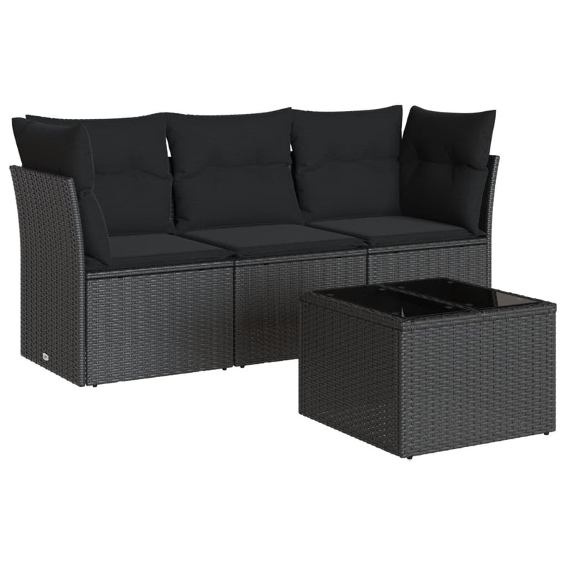 Set mobilier de grădină cu perne, 4 piese, negru, poliratan