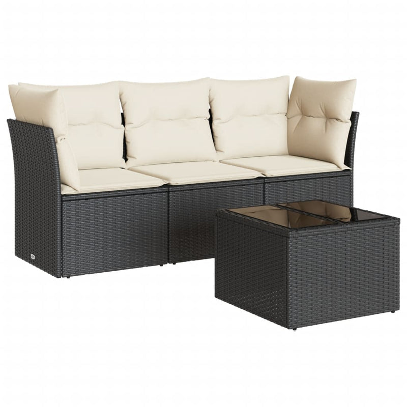 Set mobilier de grădină cu perne, 4 piese, negru, poliratan