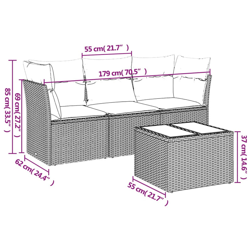 Set mobilier de grădină cu perne, 4 piese, negru, poliratan