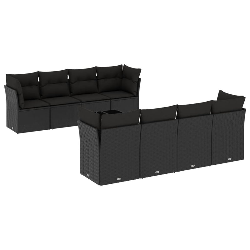 Set mobilier de grădină cu perne, 9 piese, negru, poliratan