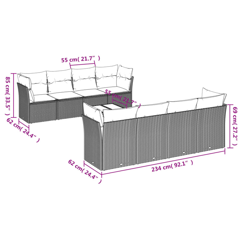 Set mobilier de grădină cu perne, 9 piese, negru, poliratan