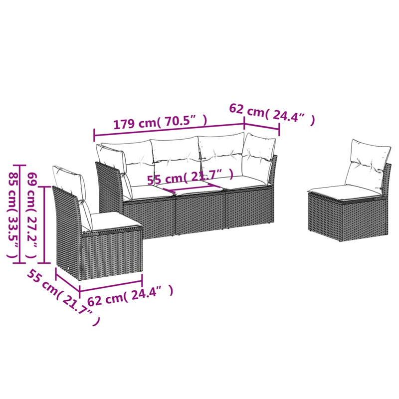 Set mobilier de grădină cu perne, 5 piese, negru, poliratan