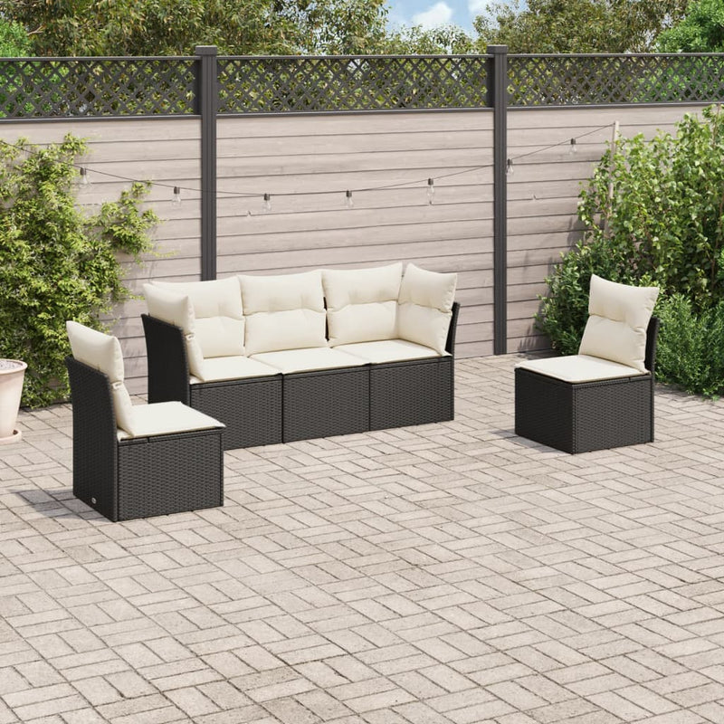 Set mobilier de grădină cu perne, 5 piese, negru, poliratan