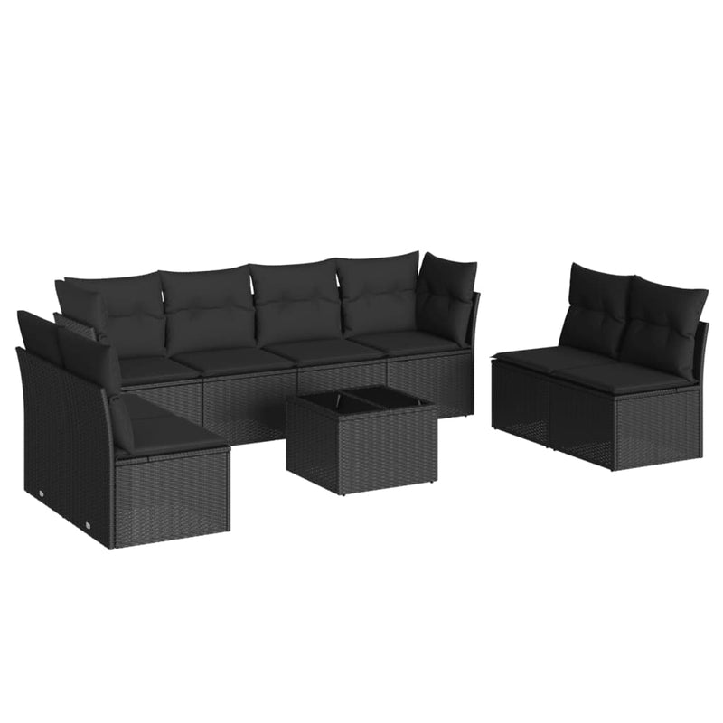 Set mobilier de grădină cu perne, 9 piese, negru, poliratan