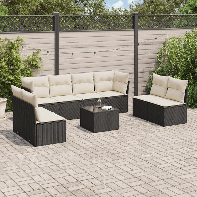 Set mobilier de grădină cu perne, 9 piese, negru, poliratan