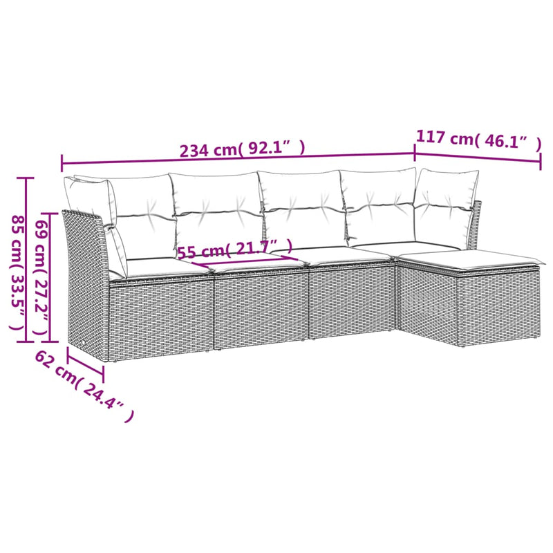 Set canapea de grădină cu perne, 5 piese, gri, poliratan