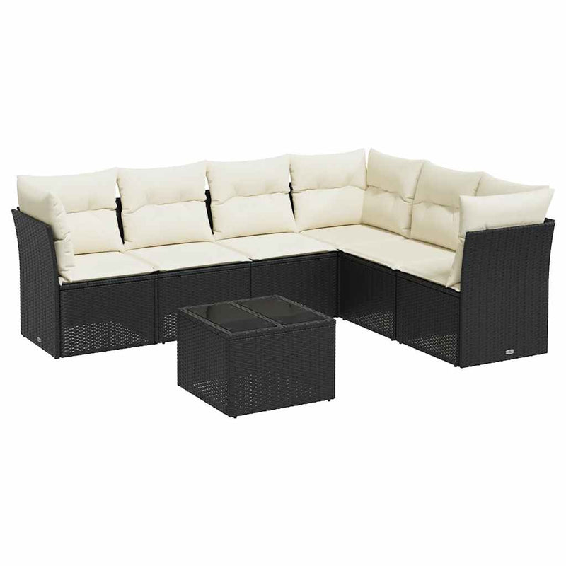 Set canapele de grădină cu perne, 7 piese, negru, poliratan