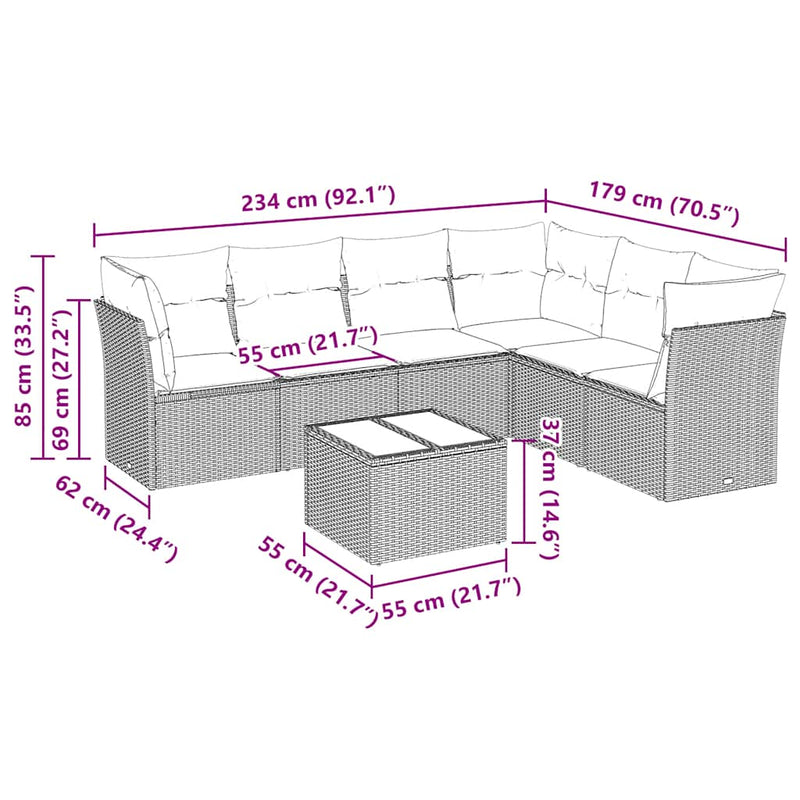 Set canapele de grădină cu perne, 7 piese, negru, poliratan