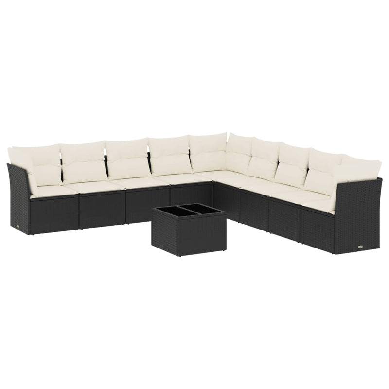 Set canapele de grădină cu perne, 10 piese, negru, poliratan