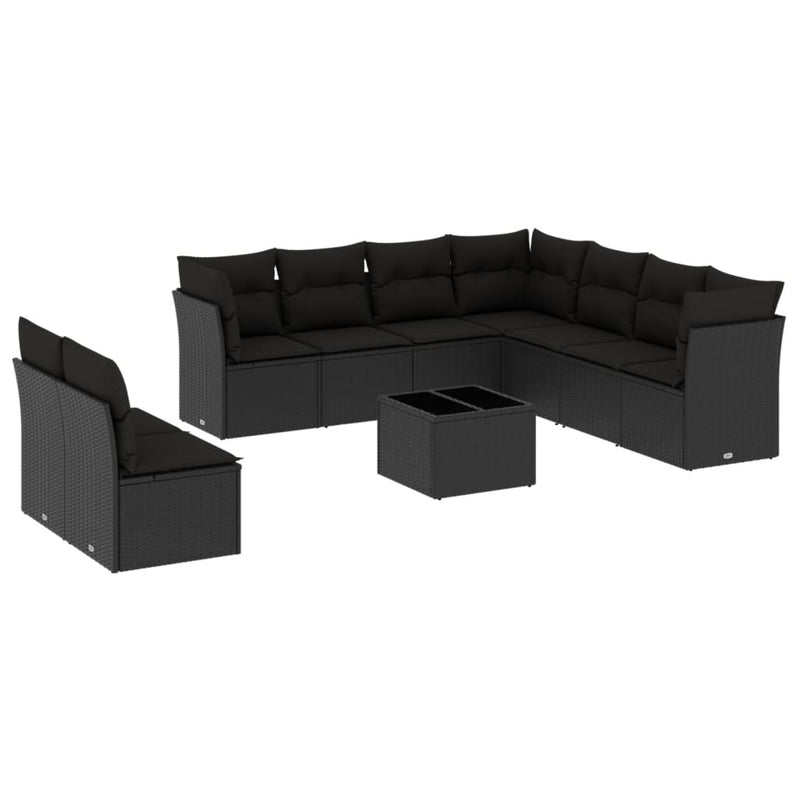 Set canapele de grădină cu perne, 10 piese, negru, poliratan