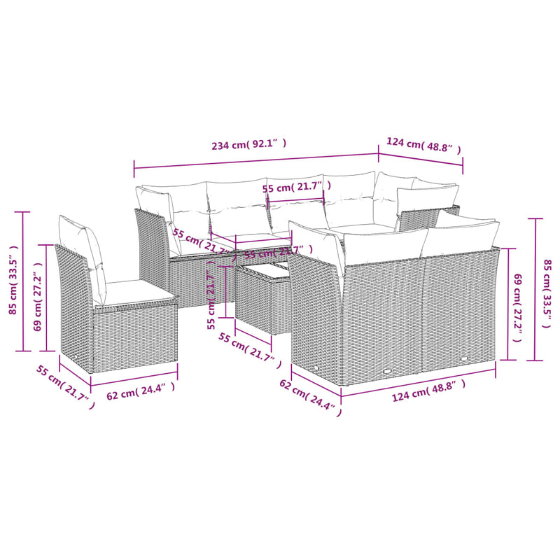 Set mobilier de grădină cu perne, 9 piese, negru, poliratan