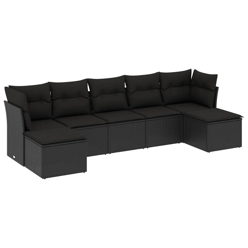 Set canapele de grădină cu perne, 7 piese, negru, poliratan