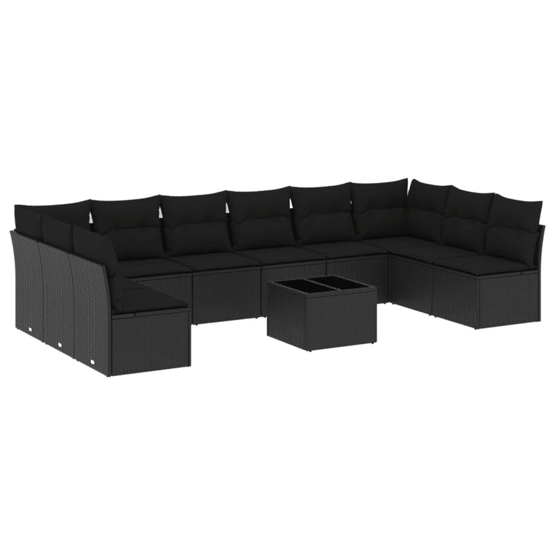 Set canapele de grădină cu perne, 11 piese, negru, poliratan