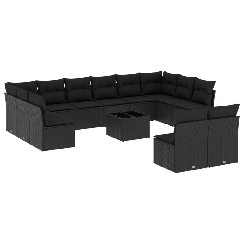 Set mobilier de grădină cu perne, 13 piese, negru, poliratan