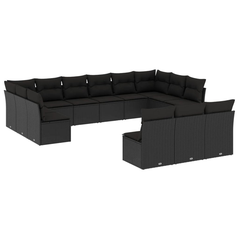 Set mobilier de grădină cu perne, 13 piese, negru, poliratan